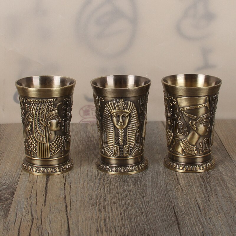 Copa de cobre de bronce antiguo de Egipto, vaso de chupito en 3D, licor de vino, espíritus, Cleopatra, Rameses, Rah, Vidro, Verre a vin, 3 piezas