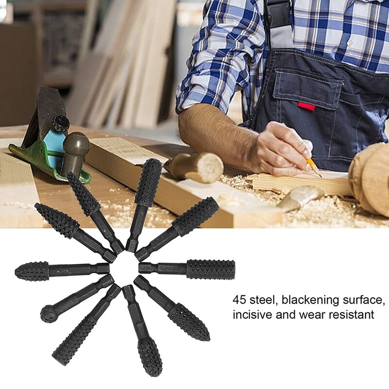 10Pcs Woodworking Grinding Drill 1/4in Hex Shank Engraving File Rotary Burr Drill Bits Set