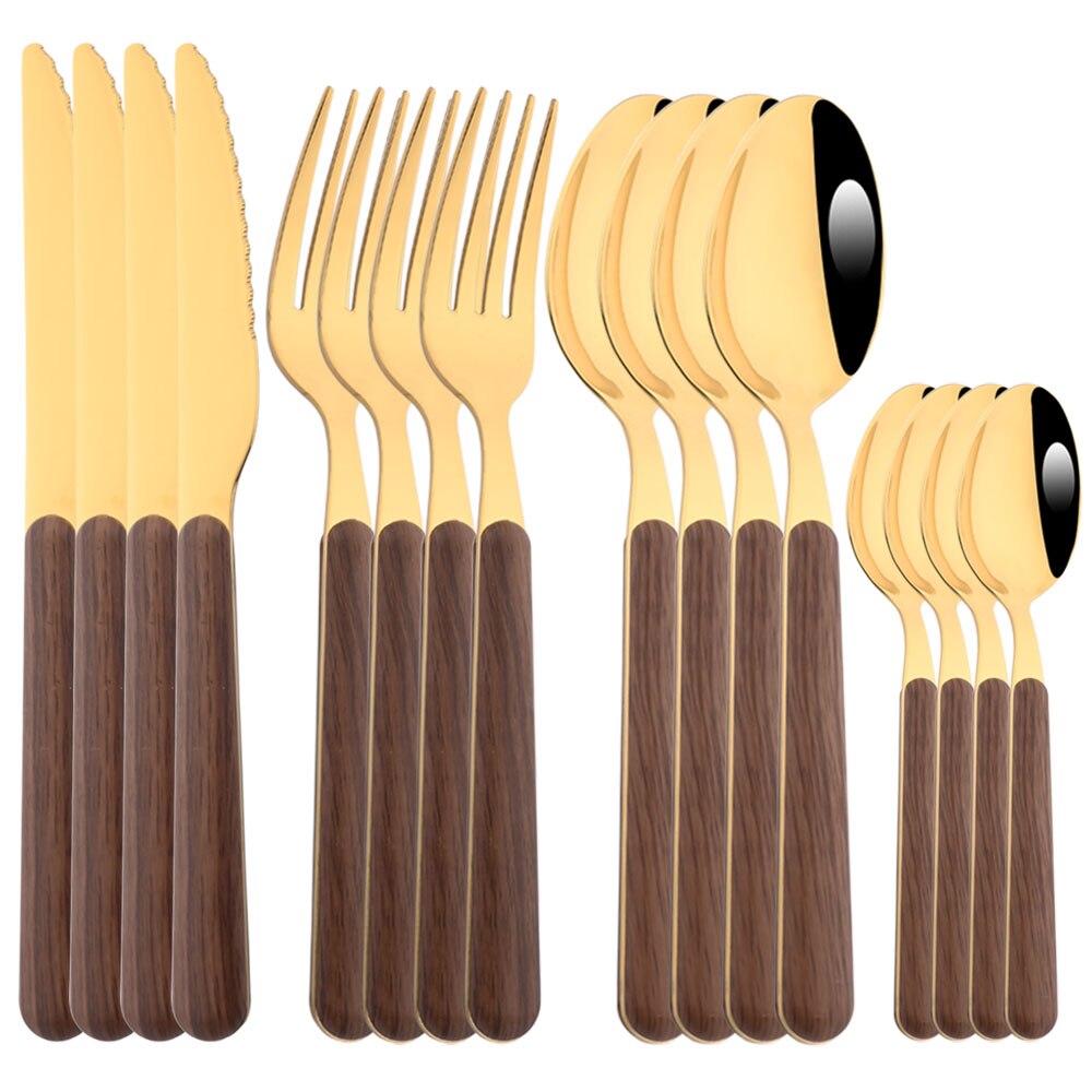 Drmfiy 16/24P Dinnerware Set Imitation Wooden Handle Cutlery Set Western Silverware Knife Fork Spoon Storage Rack Tableware Set: 16Pcs Brown Gold