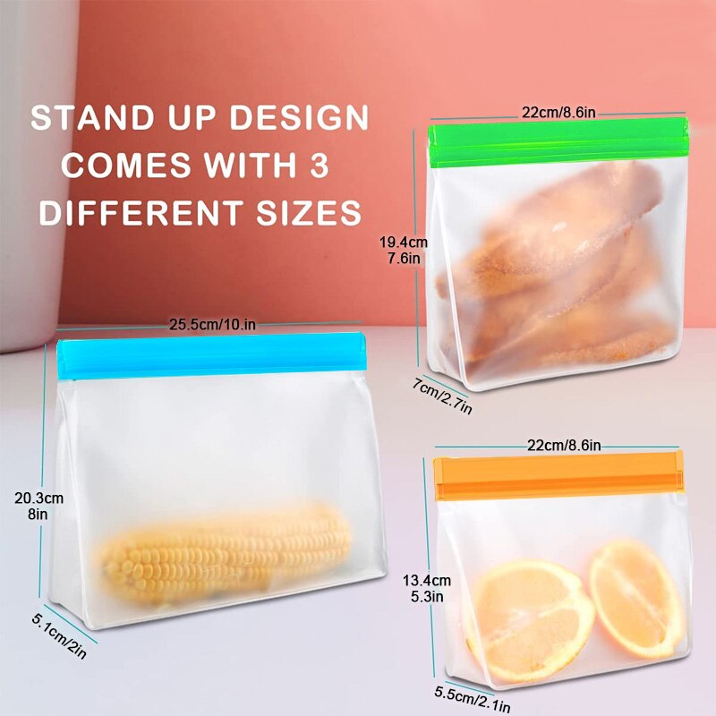 3 Sizes Reusable Stand Up Food Storage Bag Set Leakproof Freezer Food Sealing Bag Kitchen Organizer Fresh Shut Bags BPA Free