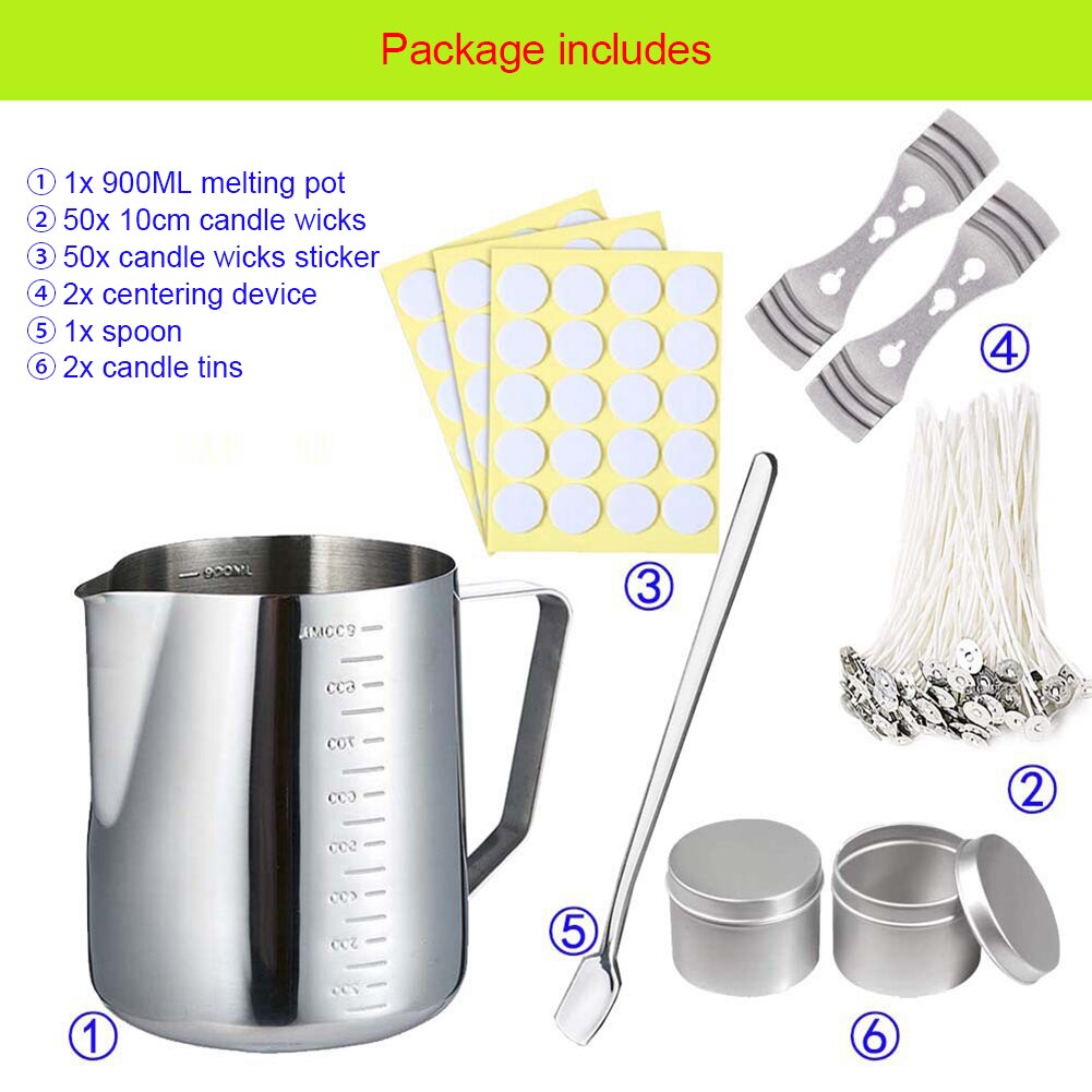 6pcs/Set Candle Making Kit DIY Candle Craft Tools with Pouring Pot Candle Tin Spoon Candle Wick for Adults Beginners: 900ML
