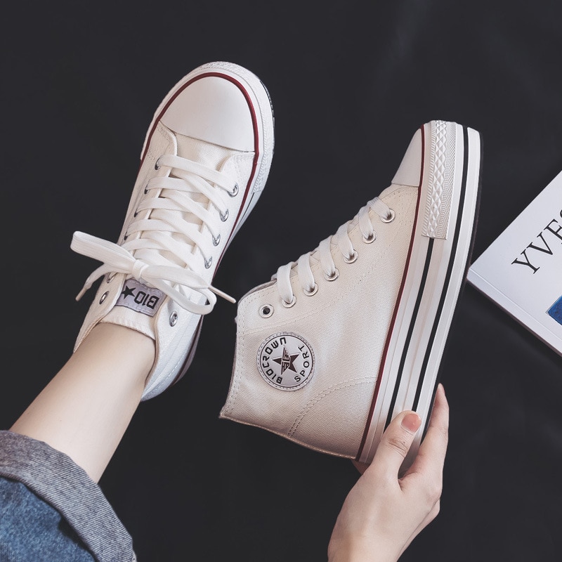 Dame lærredssko high-top indvendig forøgelse plus lille størrelse 34 ren farve hvide sneakers 5.0cm hæle snørebånd pige fritidssko