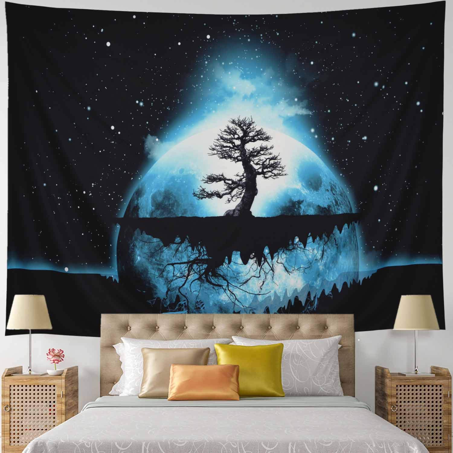 Psychedelic Tree of Life Tapestry Starry Planet with Tree Wall Hanging