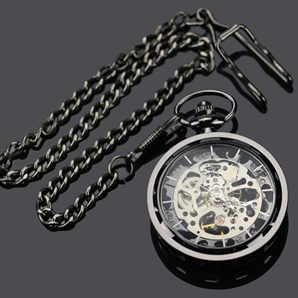 Unisex Luxury Silver Skeleton Mechacnical Hand-winding Mens Pocket Watch with Chain Smooth Steel Women Unisex Pocket Watch