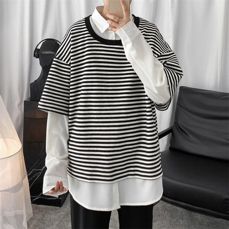 Hommes orthographe couleur rayure manteaux faux deux pièces Patchwork chemise hawaïenne manchette française hommes chemises Camisa Masculina