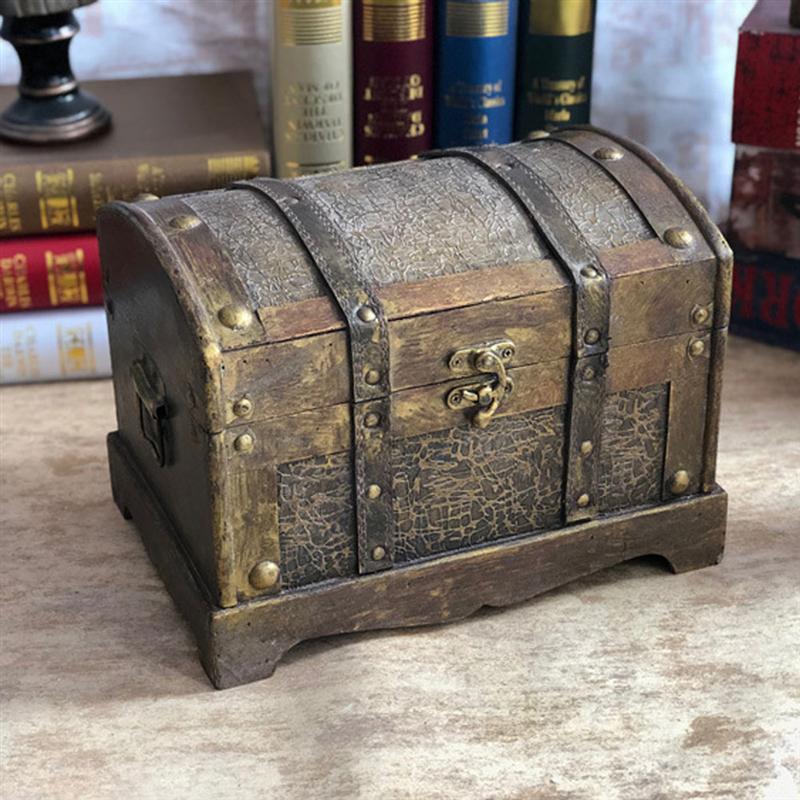 Retro træ pirat skattekiste kasse perle smykker opbevaring arrangør trinket souvenir skattekiste indretning uden lås størrelse s