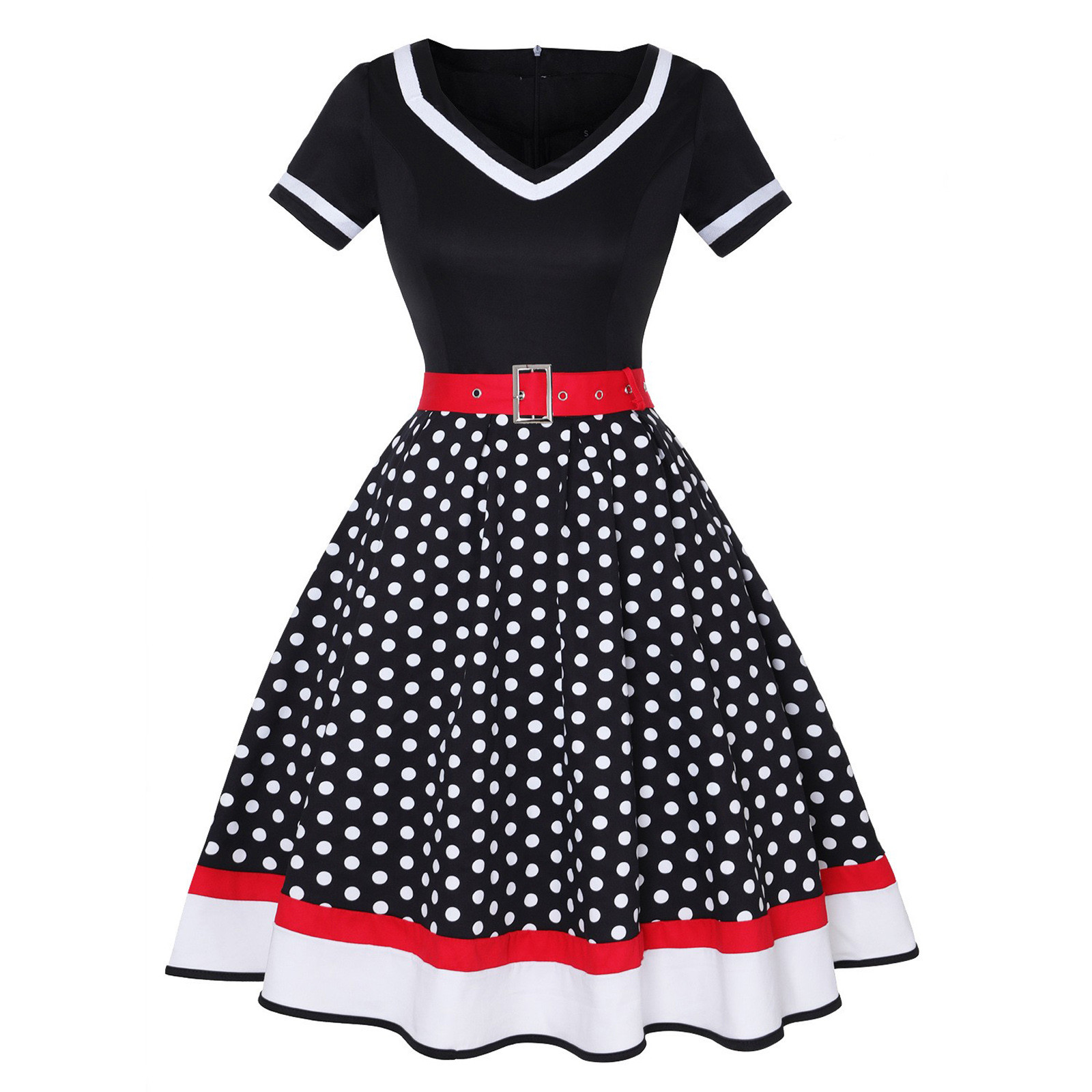 Vintage Women's Hepburn Dress Short Sleeve V Neck Polka Dot Swing Cocktail Dress 50s Rockabilly Female A-Line Dress: XXXL / black