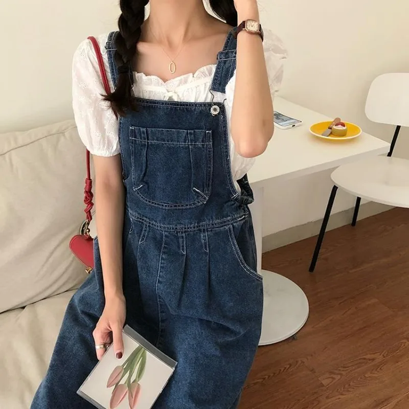 Denimkjol med hängslen dam vintagetvätt blå a-linjeformad casual sommar ett stycke koreansk kjol med  y2k remmar dam