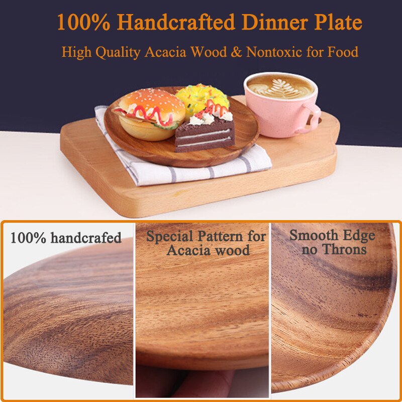Round Solid Wood Plate Whole Acacia Wood Fruit Dishes Wooden Saucer Tea Tray Dessert Dinner Breakfast Plate Tableware Set