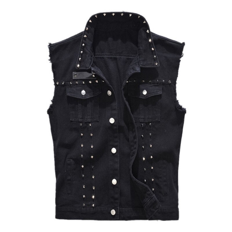 XIU LUO 5XL Denim Weste männer Punk Felsen Stil Niet Cowboy Schwarz Jeans Weste roh Rand Männlichen Motorrad Jacke ärmel Panzer: XXL