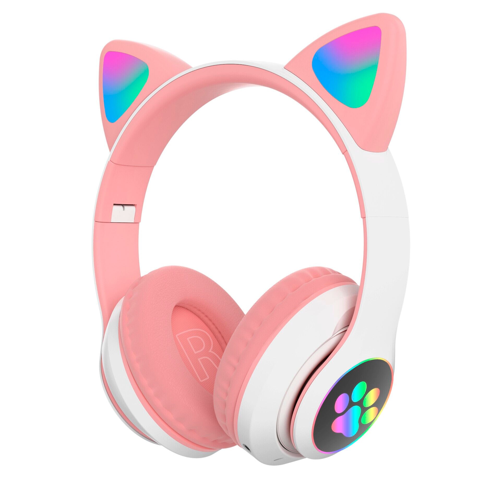 Helm Kopfhörer Mit Mikrofon bluetooth 5,0/3,5 MM Dual Verbindung Drahtlose Katze Ohren RGB-Licht Faltbare: Rosa