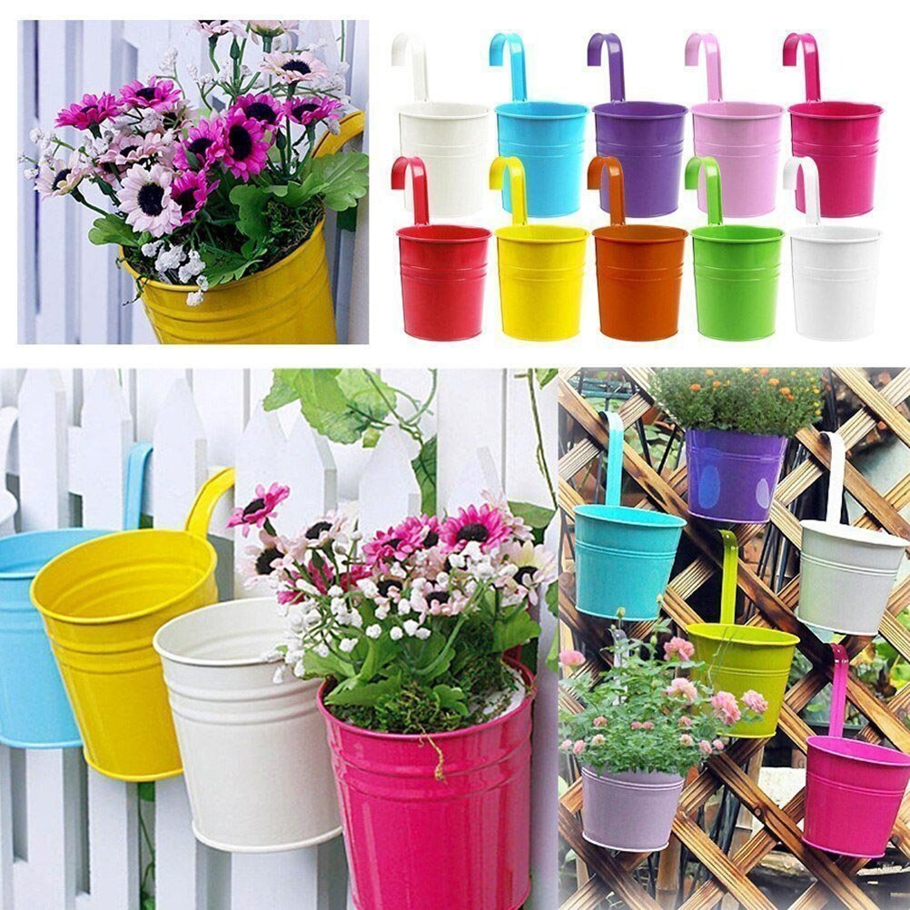 10pcs Metal Bucket Flower Hanging Pot Balcony Garden Pots Plant Flower Holders Wall Hanging Metal Bucket Flower Holder with Nail