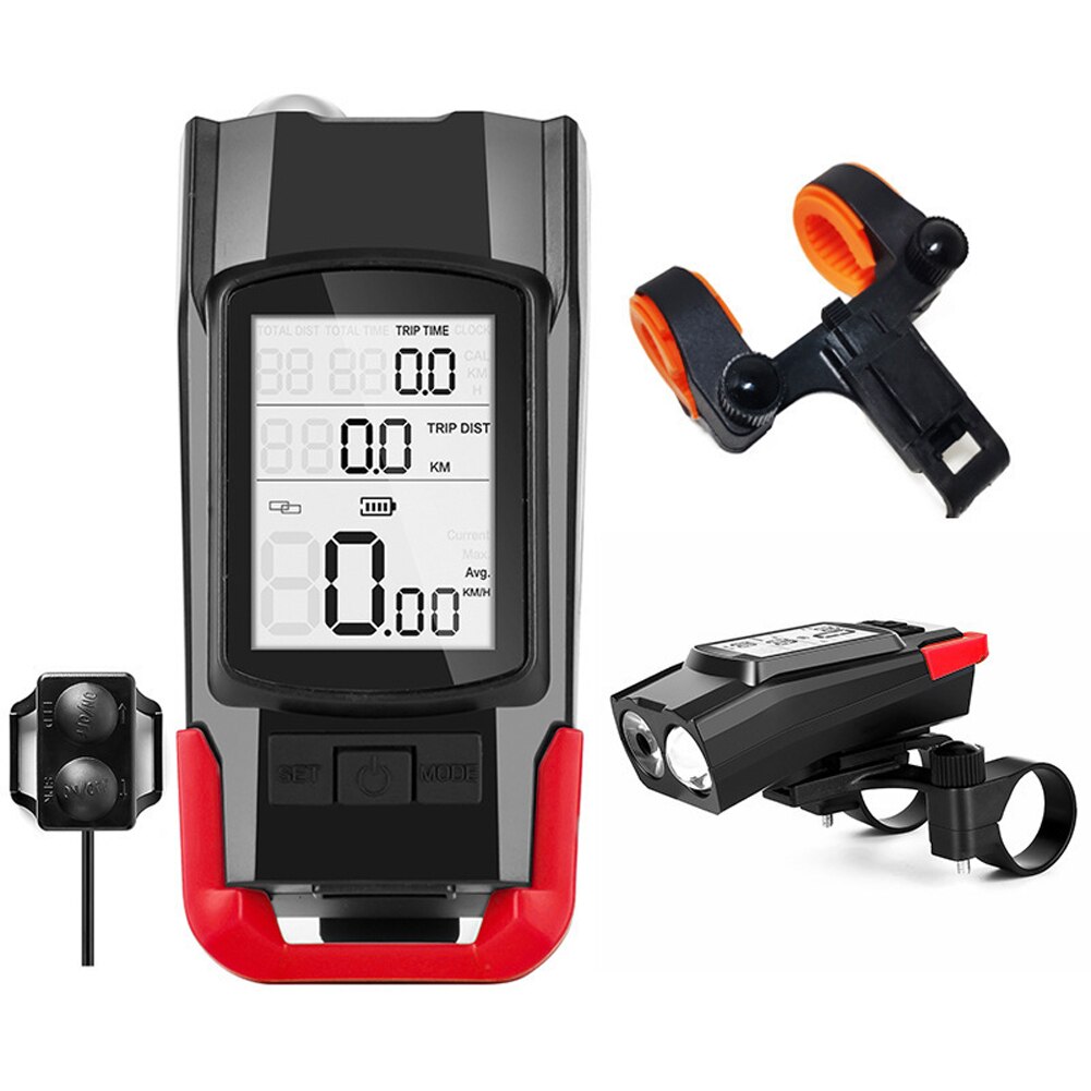 3-in-1 Tachometer + Scheinwerfer + Horn USB Fahrrad Computer 3 Modus Horn Taschenlampe LED Vorderseite Lichter radfahren Tacho: rot Typ2
