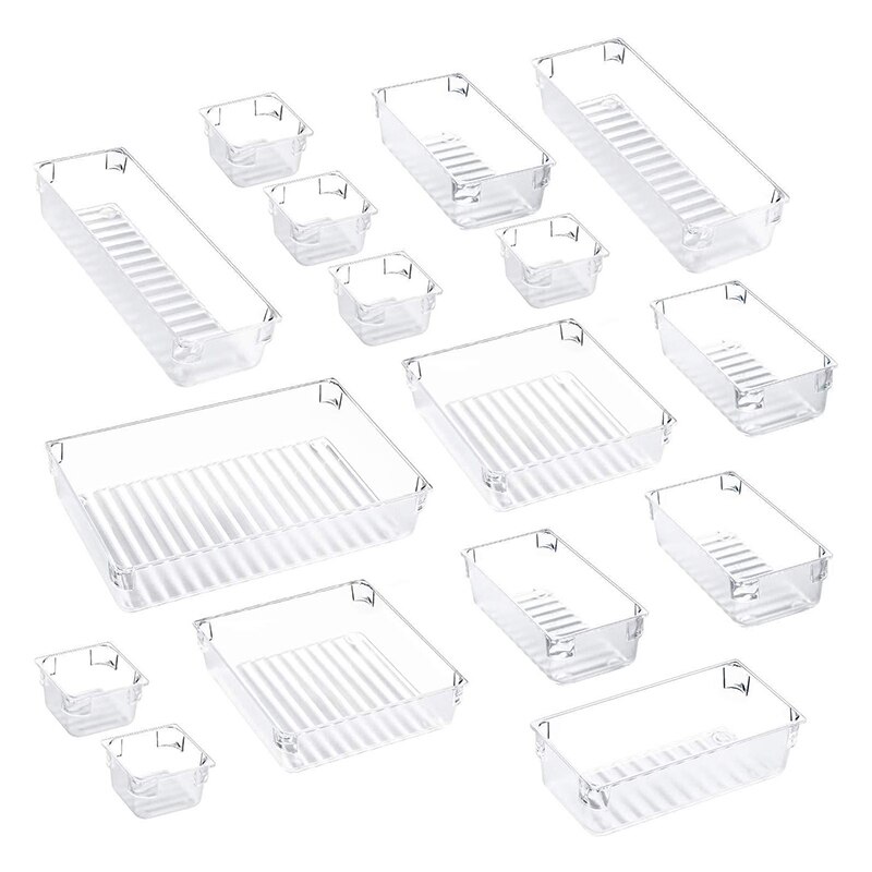 16Pcs 5 Size Plastic Desk Drawer Organizer Set Drawer Tray Dividers Storage Bins Vanity Trays Organizers Container