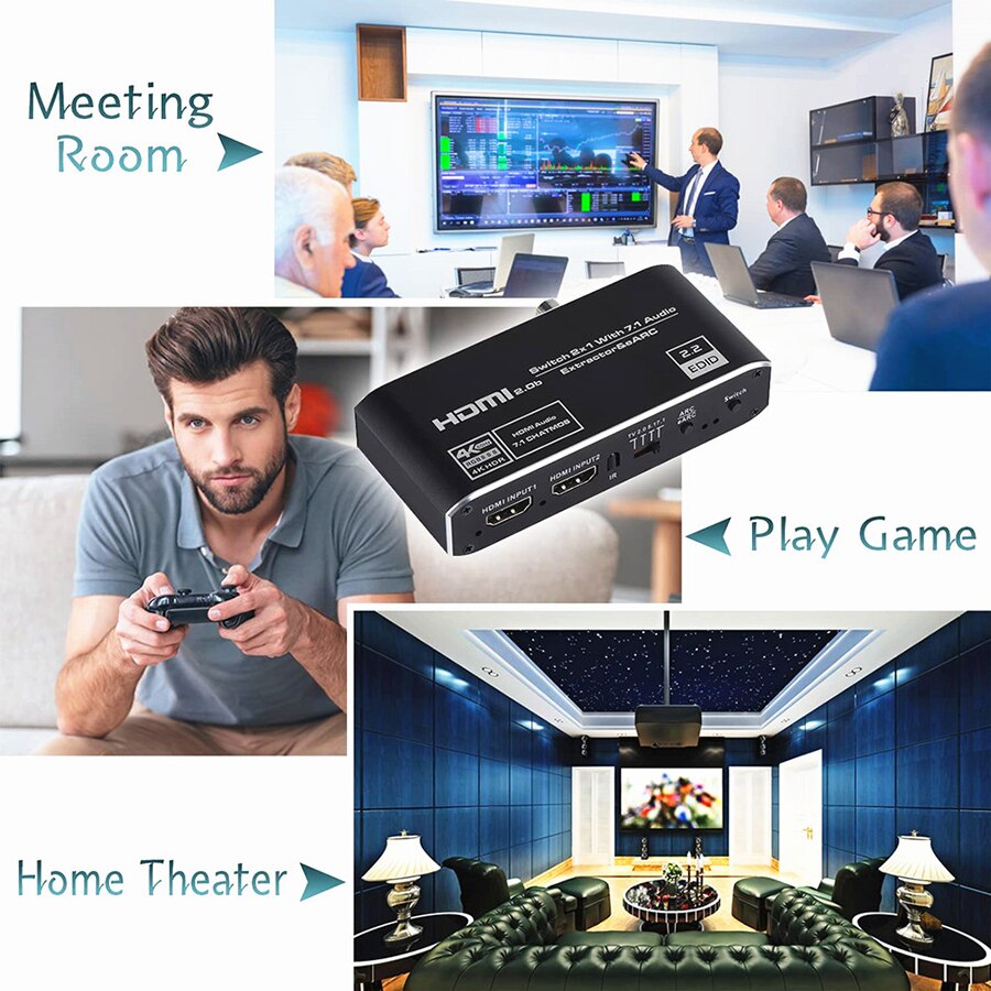 2x1 4K HDMI Switch eARC Audio Extractor With ARC &amp; Optical Toslink HDMI 2.0 Switch 4K 60Hz HDMI Switcher Remote for Apple TV PS4