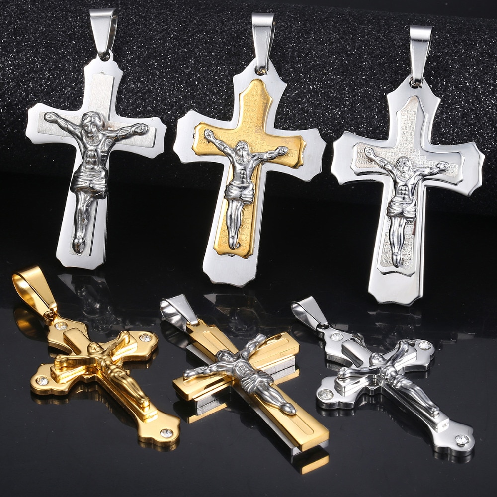 Trendsmax Men's Jesus Cross Pendant Stainless Steel Charms Gold Silver Color Male Jewelry KPP3