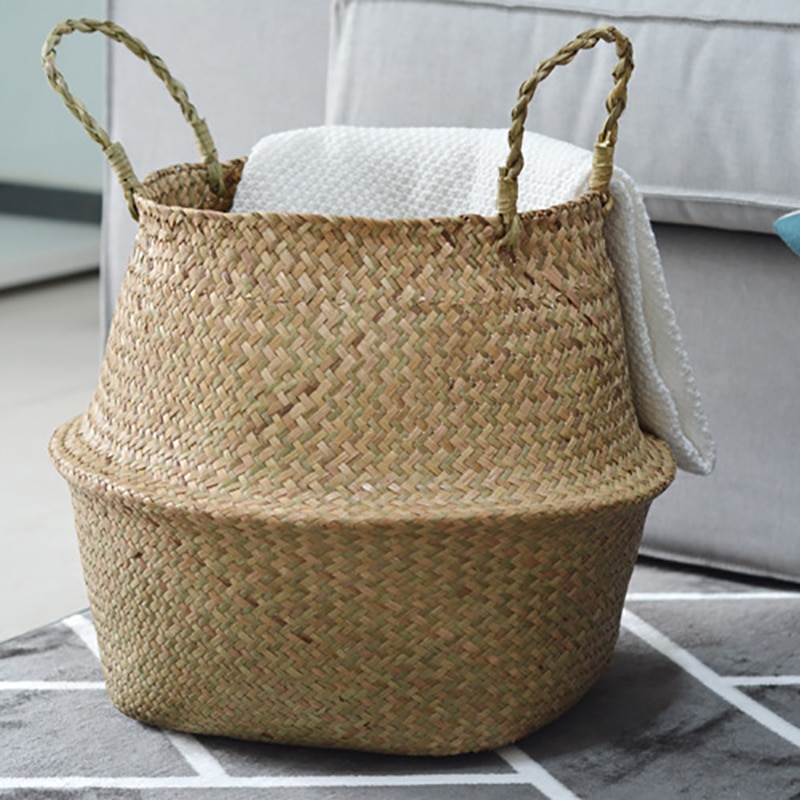 Handmade Seagrass Weaving Storage Baskets Foldable Basket Natural Straw Patchwork Wicker Rattan Belly Garden Flower Pot Basket