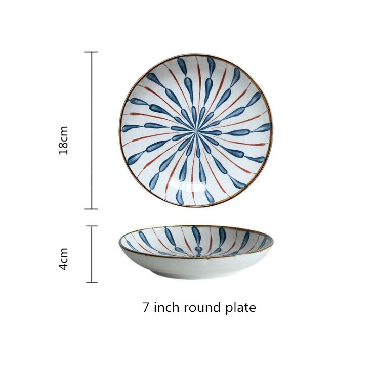 Japanese blue water drops Dinner Plate Set Ceramic Kitchen Plate Tableware Set Food Dishes Rice Salad Noodles Bowl Soup: 7inch round plate