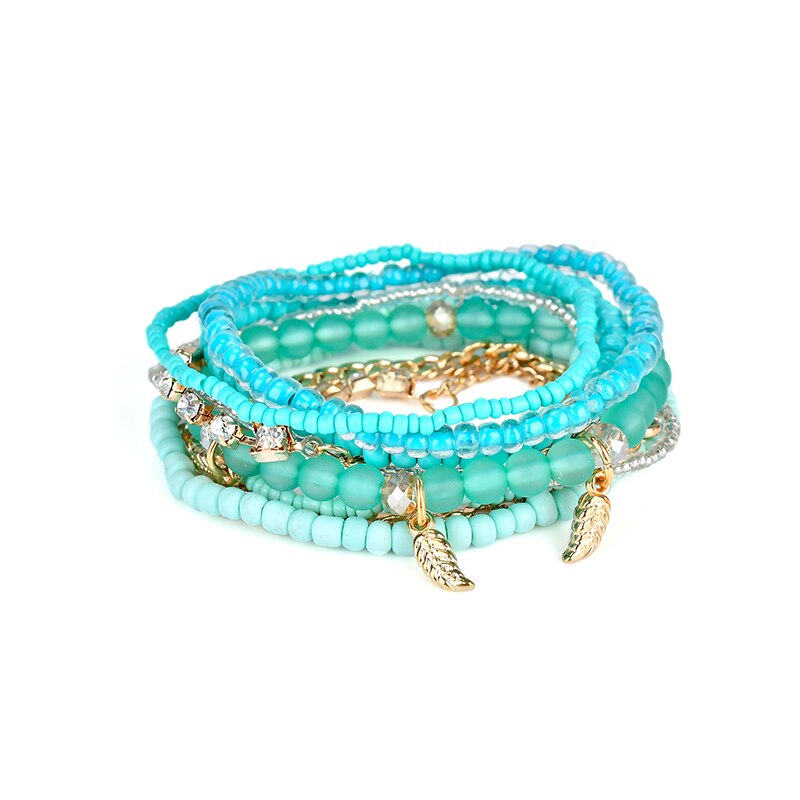 Bohemia smykker af flerlags elastisk vævet sæt perler armbånd & armbånd til kvinder med blad kvast charm wrap wrap armbånd pulsera