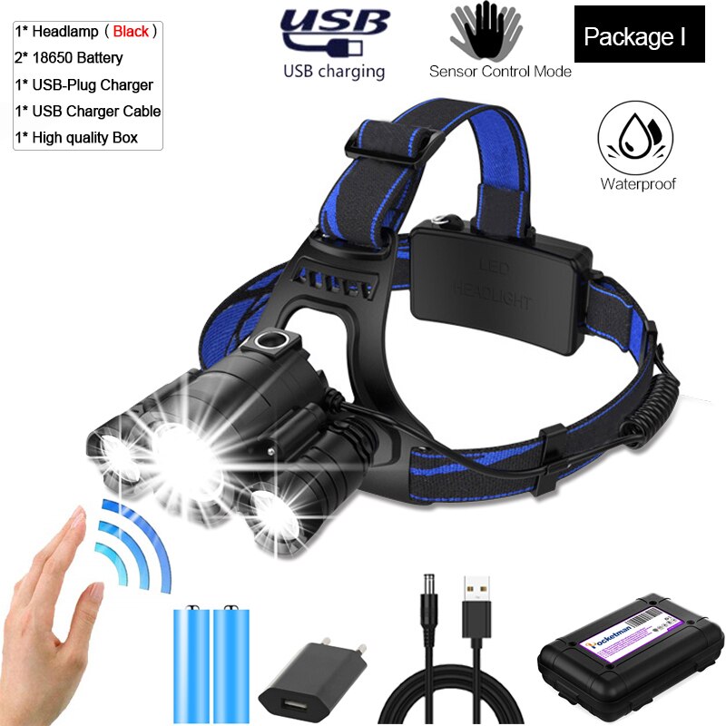 Super Leistungsstarke Sensor Scheinwerfer Wiederaufladbare Körper Motion Sensor Scheinwerfer Wasserdichte LED Kopf Licht USB Kopf Vorder Taschenlampe 18650: Package I