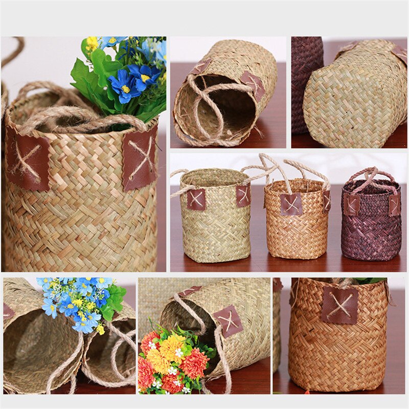 2Pcs Vintage Wipe White Straw Flower Basket Pot Natural Seagrass Woven Storage Basket Garden Flower Vase Hanging Wicker Baskets