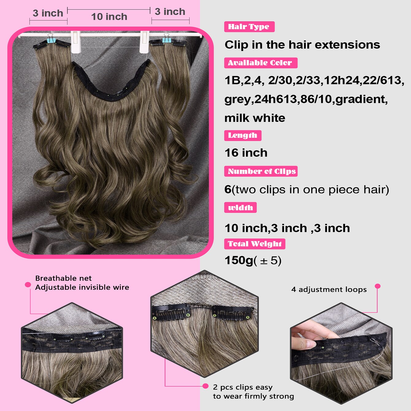 Silike – Extensions de cheveux synthétiques 16 pouces, postiche Halo Invisible, ligne de poisson, 6 Clips, longue ondulée, résistante à la chaleur, 3 postiches pour femmes