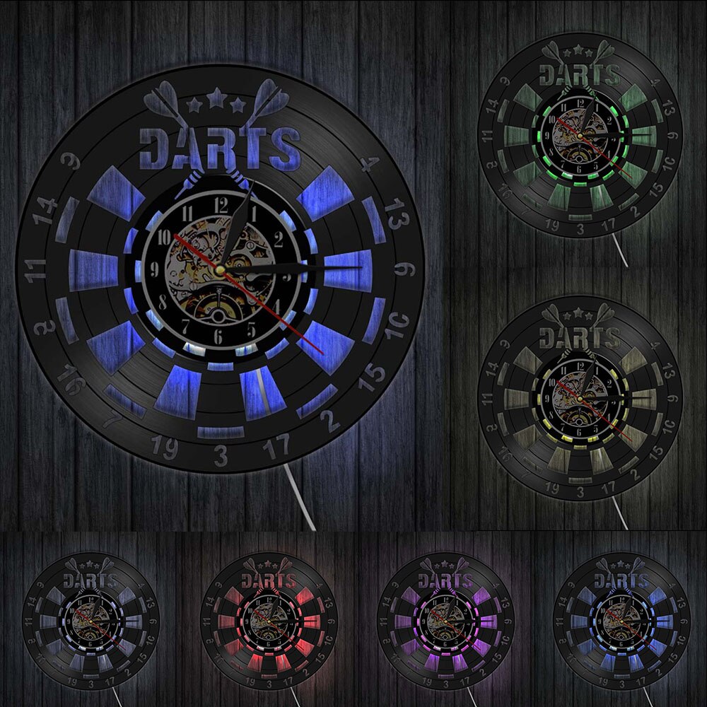 Reloj de disco de vinilo negro 3D diana para dardos, reloj Circular Retro silencioso, Pub, Bar, Club nocturno, retroiluminación LED, Mural moderno: With LED