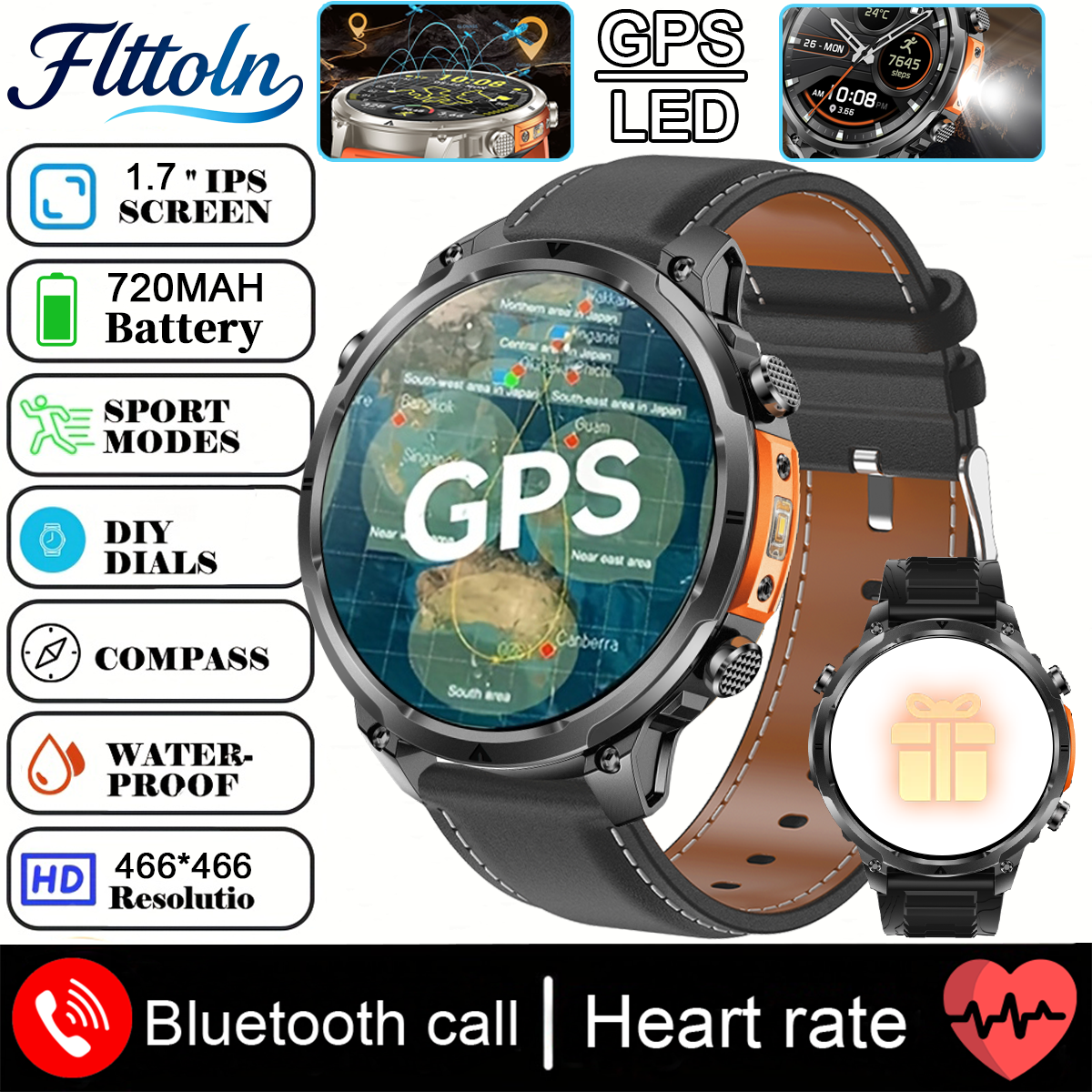 2025 Nuovo Militare GPS Astuto Della Vigilanza 3ATM Impermeabile 650mAh Batteria BT Chiamata Frequenza Cardiaca Pressione Sanguigna Sport tracker Smartwatch Da Uomo: Giallo