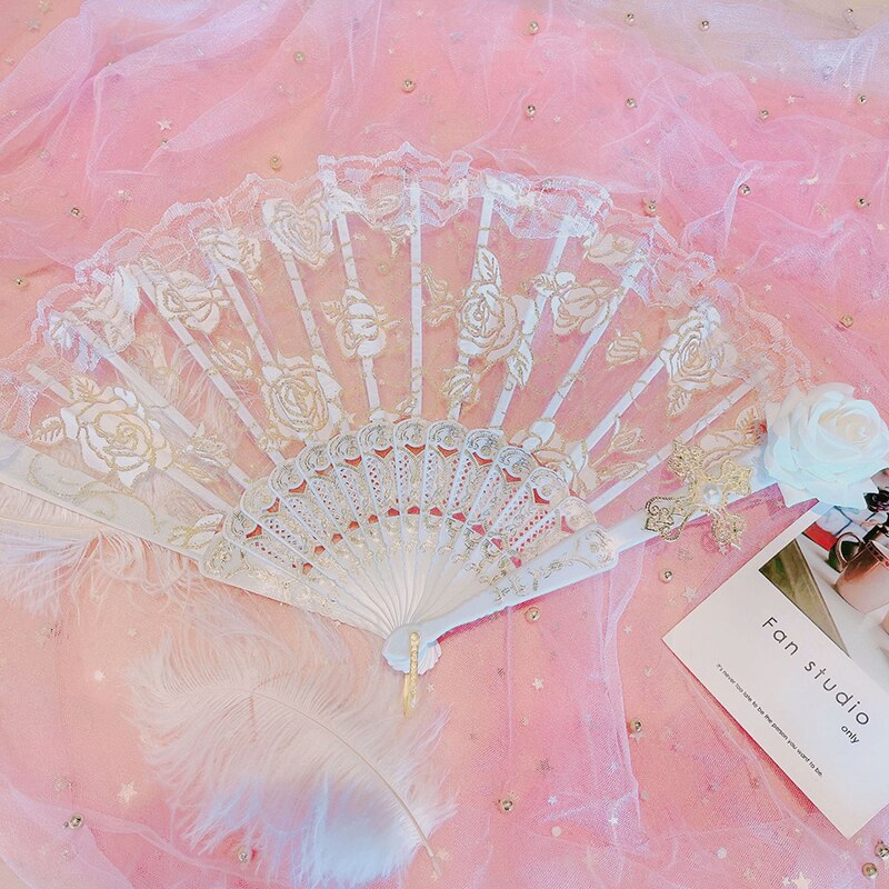 Lolita – éventail pliable en dentelle Rose, Style rétro européen, Style gothique foncé, pour danse de cour, , décoration de fête de mariage
