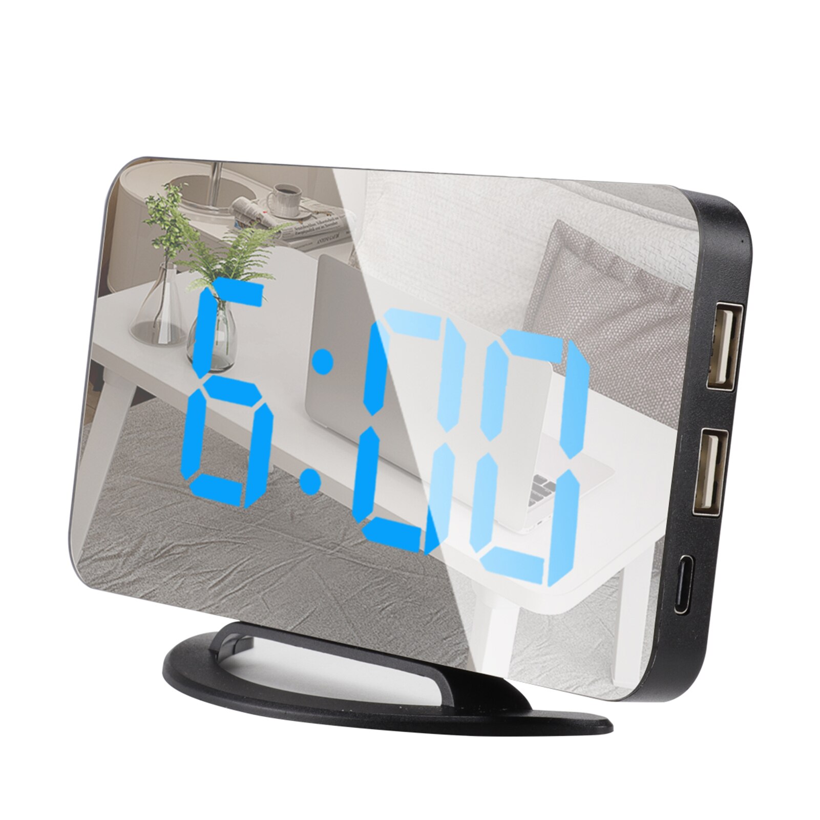 LED Mirror Clock Mini Digital Alarm Clock TS-8201-HB Table Clock with Snooze Function 3 Adjustable Brightness Auto-Adapt: Black  Blue font