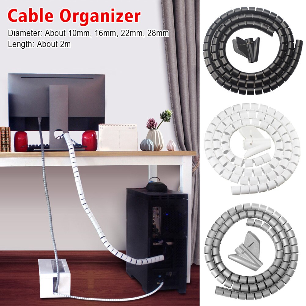2m Durable Storage Tube Organizer Wire Management Cable Sleeve Protector For Computer TV With Clip Easy Wrap Home Office Cover
