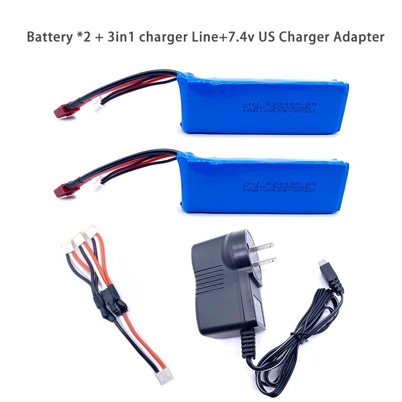 Wltoys 144001 Car 2s 7.4V 3000mAh Upgraded Lipo Battery T Plug For Wltoys 1/14 144001 RC Car Boat Lipo Battery Parts Upgraded: 2Bat3in1LineUSCH