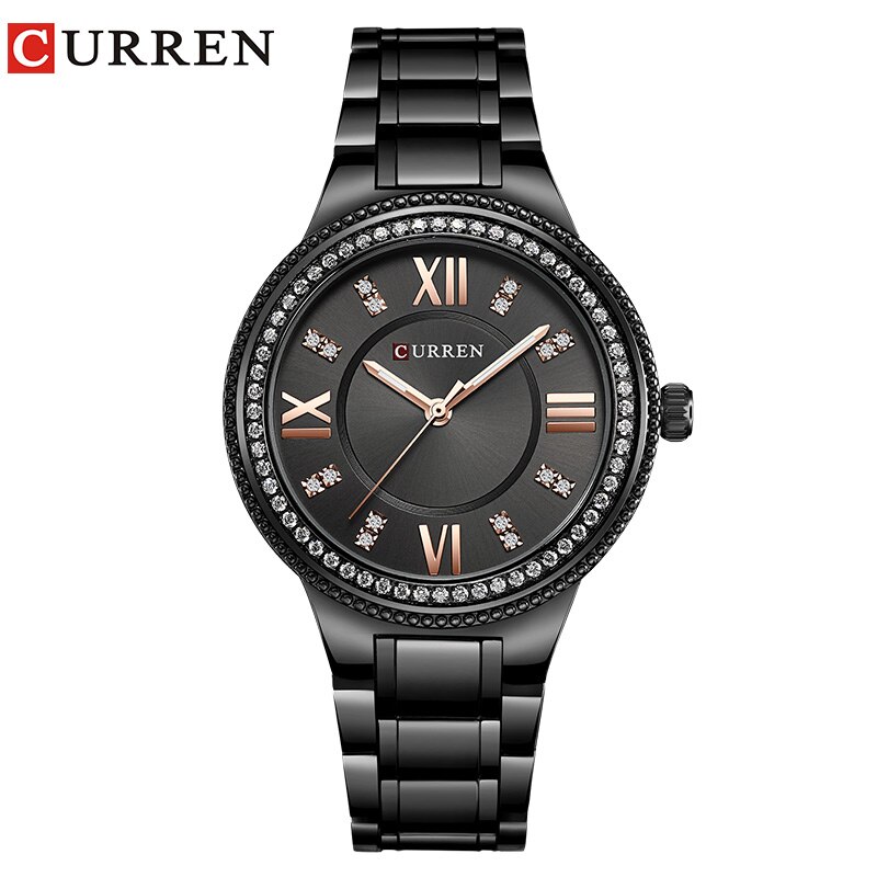 CURREN Luxe vrouwen Casual Horloges Waterdicht Horloge Vrouwen Mode Jurk Rhinestone Rvs Dames Klok: black