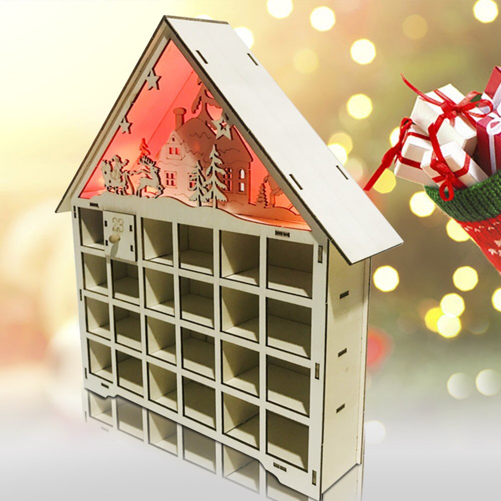 Box Advent Calendar Deer House Desktop Decor Santa Claus Drawer Family DIY Christmas Ornament Wooden LED Light Countdown