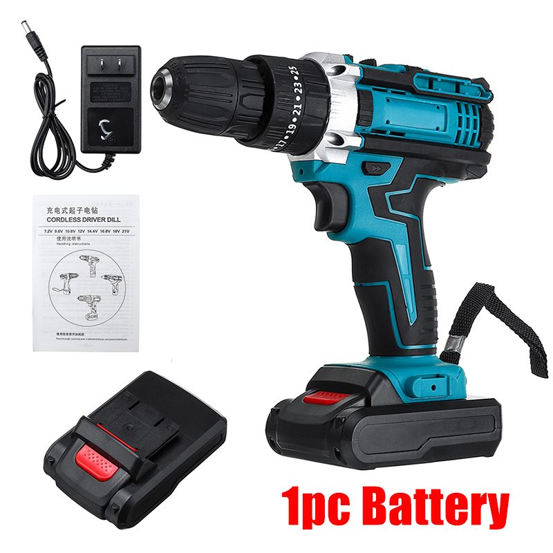 48V Cordless Impact Drill Electric Screwdriver Hammer Drill 25+3 Turque Power Screw Driver Tools with 2 Li-ion Battery: 1 battery
