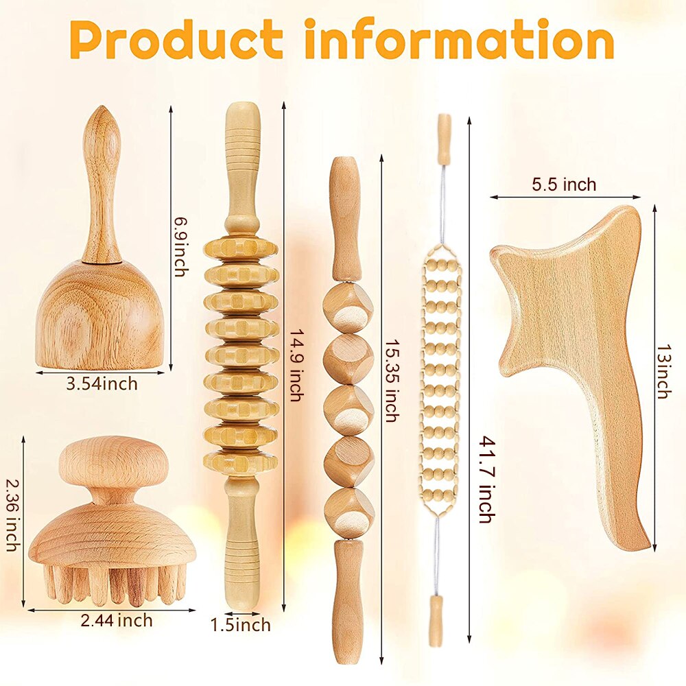 6 Pieces Wood Therapy Massage Tools Maderoterapia Kit Wood Massager Roller Wood Gua Sha Roller Manual Wooden