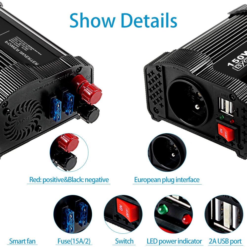 BYGD Power Inverter 150W 12V DC to 220V-240V AC Converter with EU socket and 2x1.0A USB Ports Car Inverter