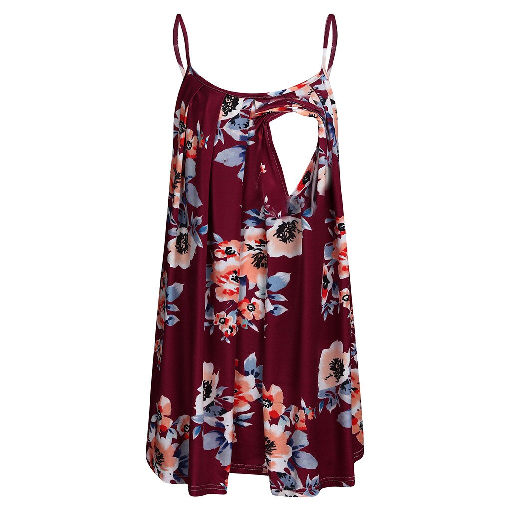 Casual Nursing Tops Women Pregnant Nusring Maternity Sleeveless Straps Ruffles Print Floral Tops Summer Nursing Tank Tops: Wine  / XXXL