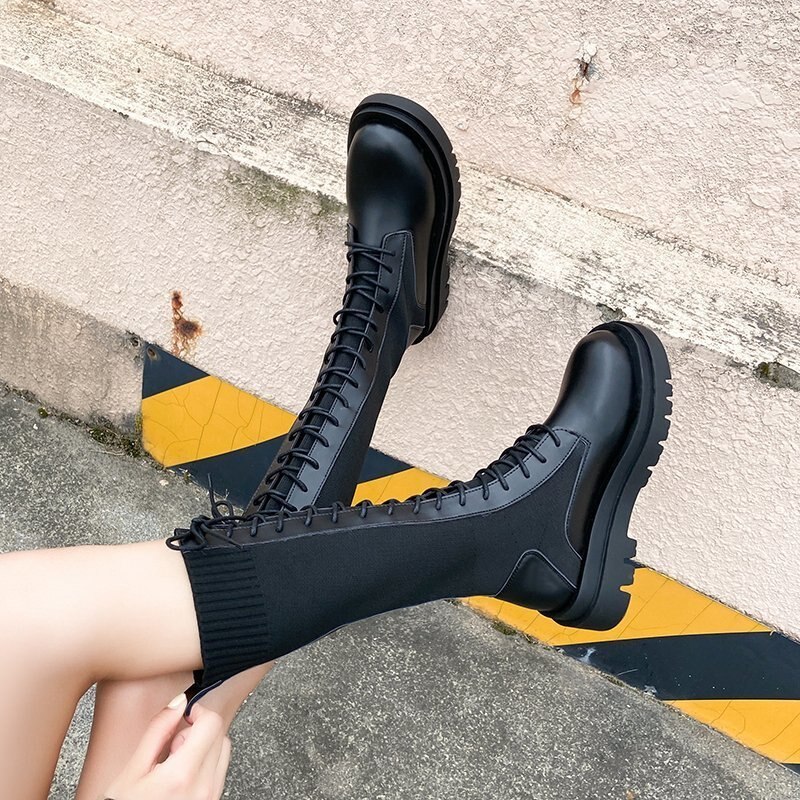 automne femmes tricot tissu élastique genou bottes hautes à lacets plate-forme longues bottes femme PU Patchwork moto Botas Mujer