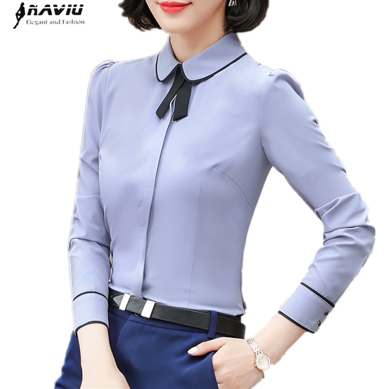 Naviu Spring Women Blouse Clothes Formal Business Slim Long Sleeve Chiffon Bow Tie Shirt Office Lady Plus Size Tops
