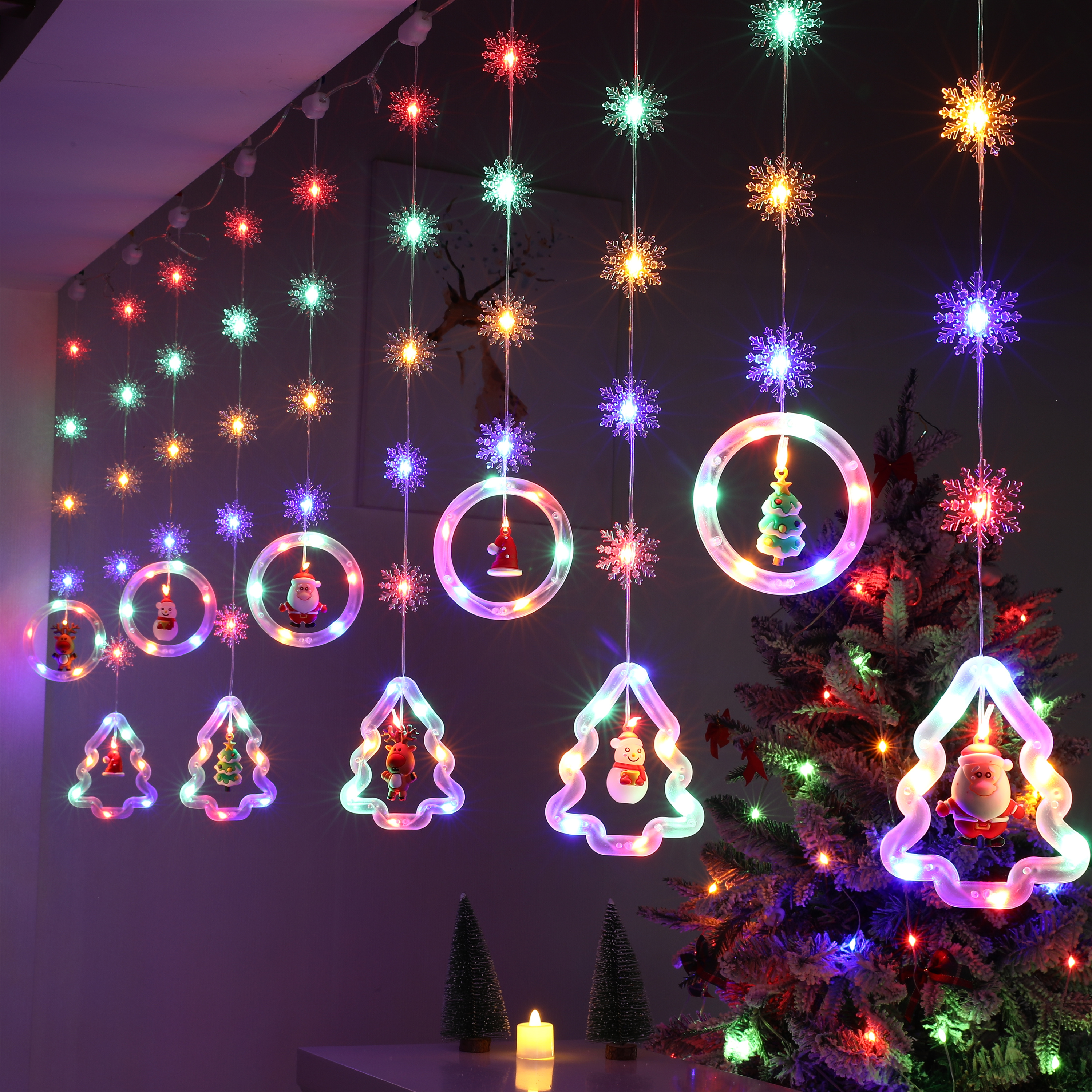 Julegardinlys til vindu, hengende lys med julenissen, innendørs ,3m, 100 led-lys med , 8 moduser, stjernegardin