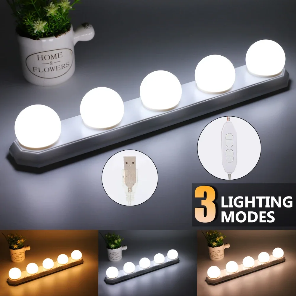 5 lampen dimbare LED-ijdelheidsverlichting, Hollywood-stijl make-upspiegellamp met USB-voeding, voor huishoudelijke badkamer en kaptafelgebruik