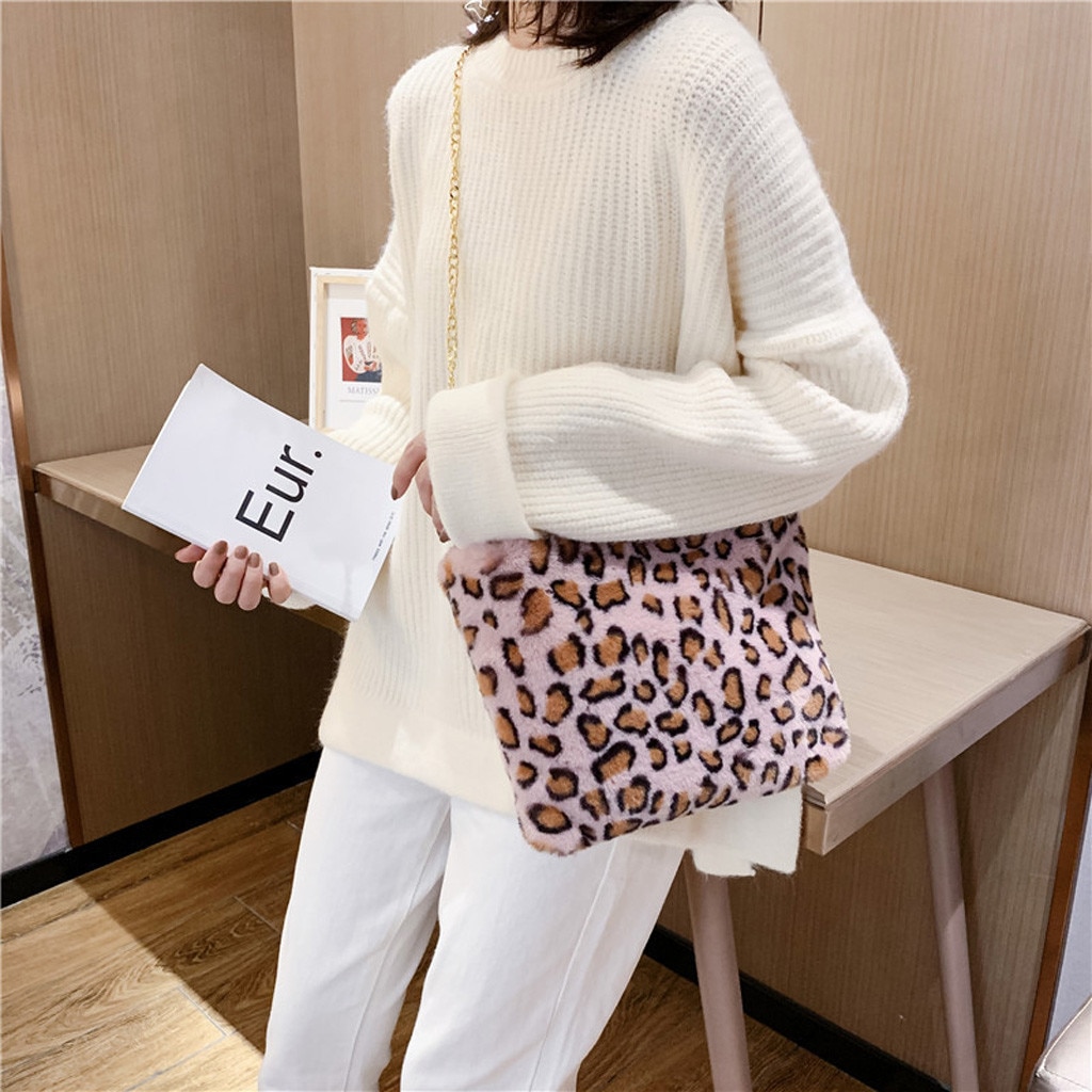 Woman Messenger Bags Chains Leopard Pattern Plush Handbags Autumn Winter Women Cute Fluffy Crossbody Bag