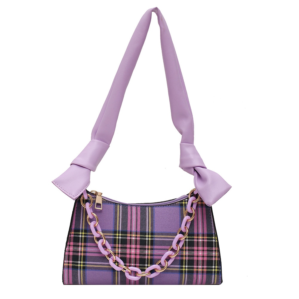 retro Plaid Frauen Handtasche Tote Krawatte Knoten Kette Dame PU Unterarm Schulter Tasche: LILA