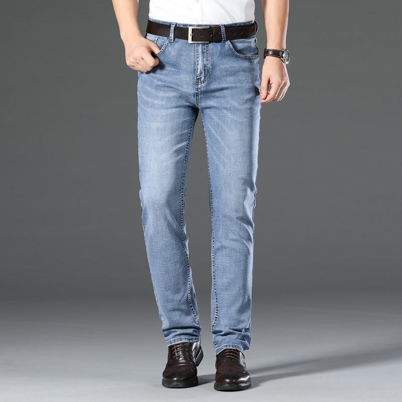 jeans menn vanlig snitt virksomhet tøye ut lyseblå grå vår sommer rett uformelt menn jeans lange bukser mannlig hombre