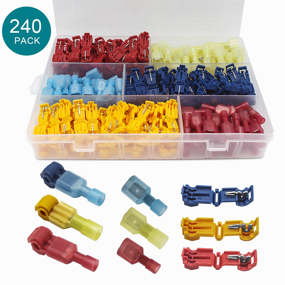 240 PCS T Tap Electrical Yellow, Red Blue Electrical Connectors Quick Wire Splice Taps and Insulated Male Quick Disconnect Term: 240PCS