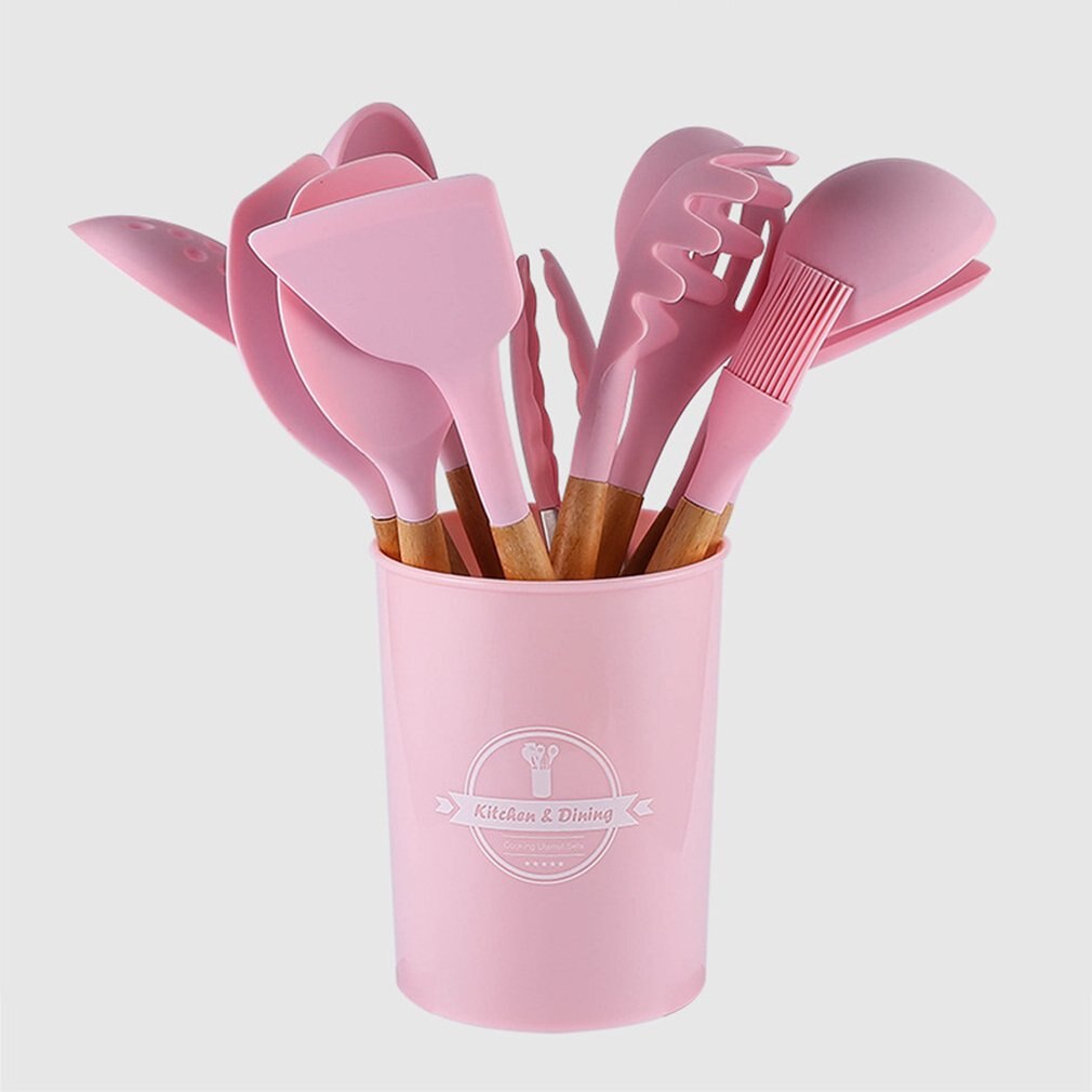 Silicone Kitchenware With Storage Bucket 12-piece Set Beech Wood Handle Kitchenware For Non-stick Pans