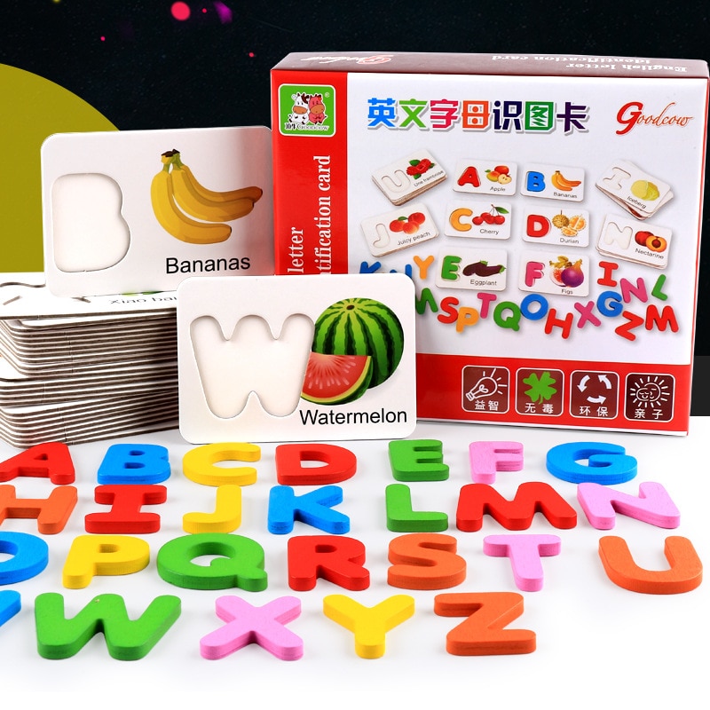 Engels alfabet houten alfabet groente-en cognitieve kaart kinderen vroege onderwijs puzzel houten speelgoed