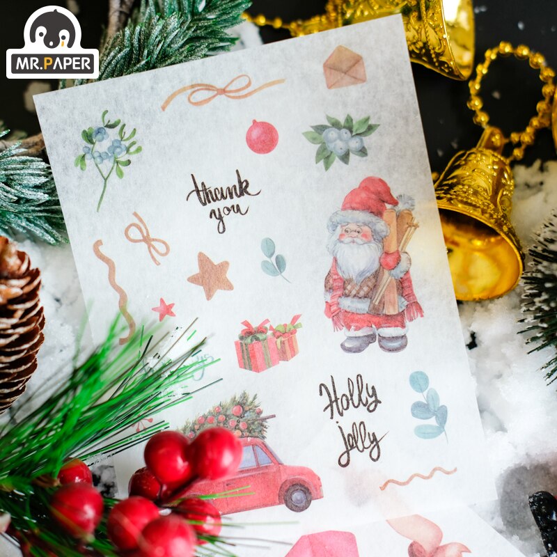 Mr.paper 4Pcs Christmas Stickers Scrapbooking Kawaii Cute Plain Sheet Stickers Diary Planner Decorative Stationery Stickers