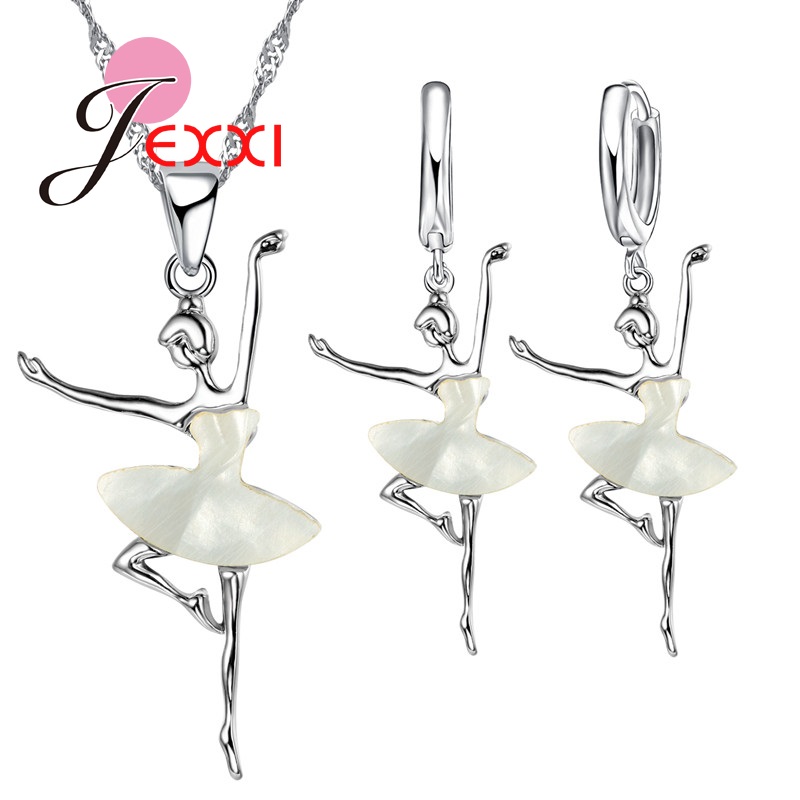 blanc robe Ballet danse fille 925 en argent Sterling pendentif/collier/boucles d'oreilles ensemble de bijoux belle ensemble de bijoux